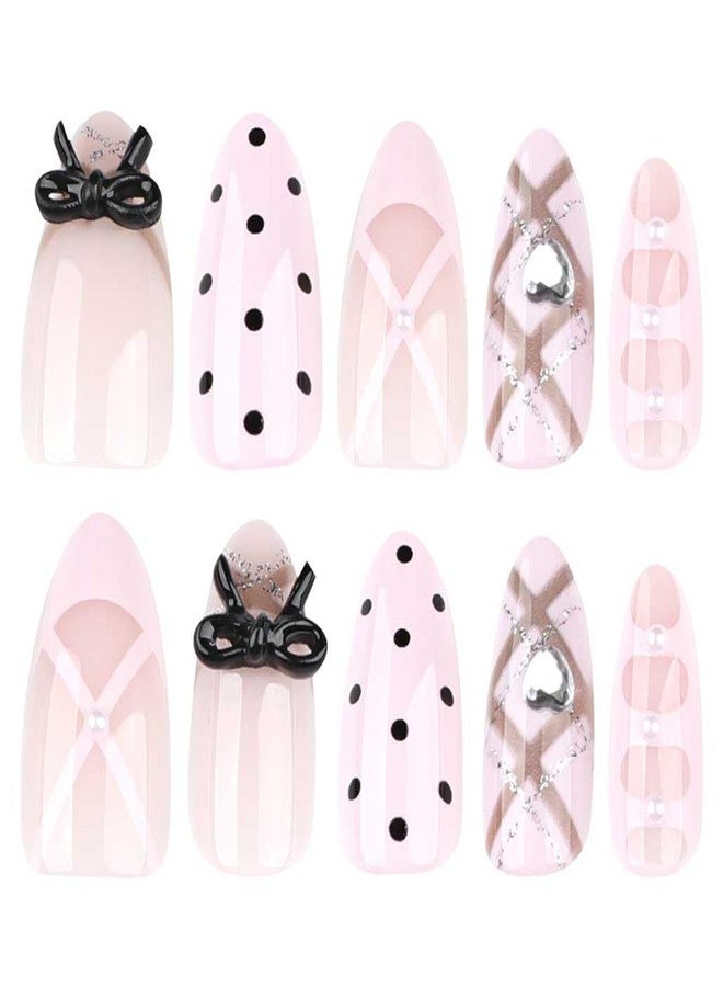 Foccna Press On Nails Almond -French Tip Fake Nails Polka Dots Glossy Goth Short Round Nails, Salon Quality Artificial Nails Finger Manicure for Women 24pcs - Image 4